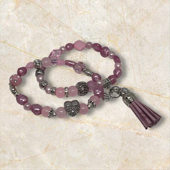 Handmade Bracelet Set Pink & Silver Beads & Charms Leather Tassel Beach Vibes - Picture 1 of 6